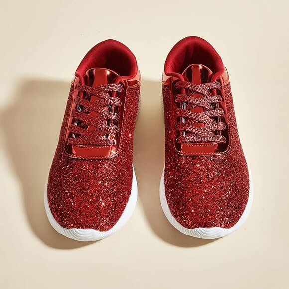 LUCKY STEP Women Red Shoes Sparkly Lightweight Metallic Sequins Tennis Shoes - Picture 5 of 9